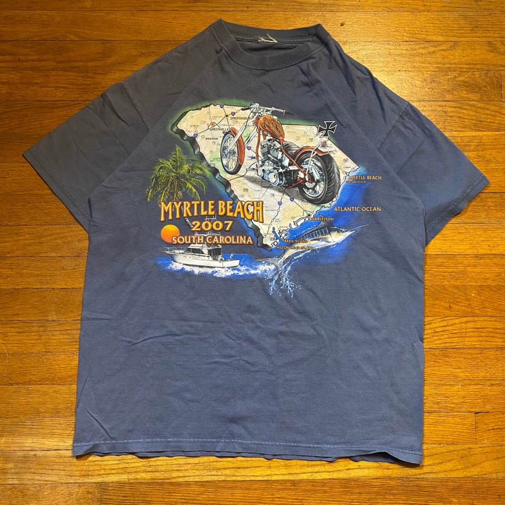 Y2K Myrtle Beach South Carolina Motorcycle T-Shirt Blue Mens L
